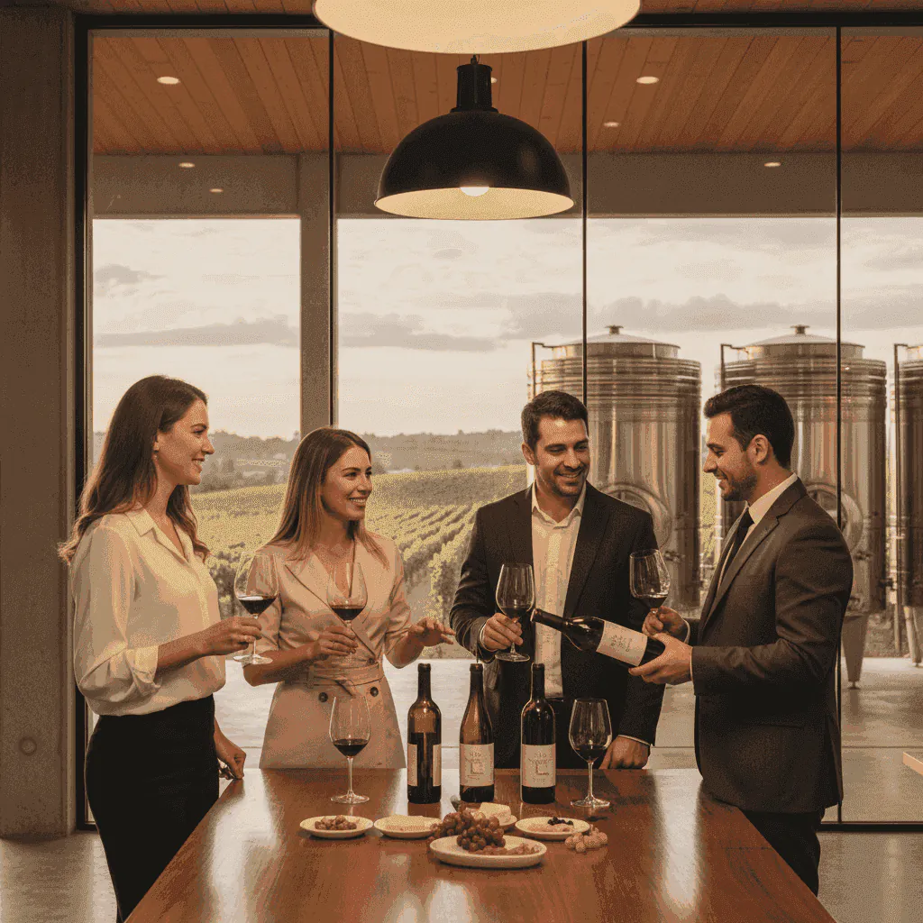 People enjoying a wine tasting at a modern Uruguayan winery