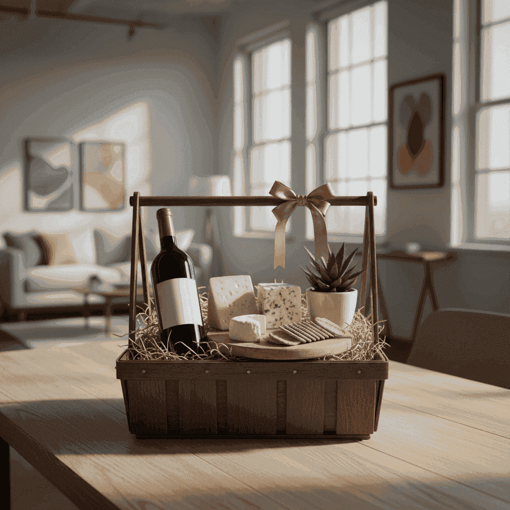 A luxurious wine gift basket filled with a bottle of red wine, artisanal cheeses, crackers, and a small plant, beautifully arranged on a wooden table.
