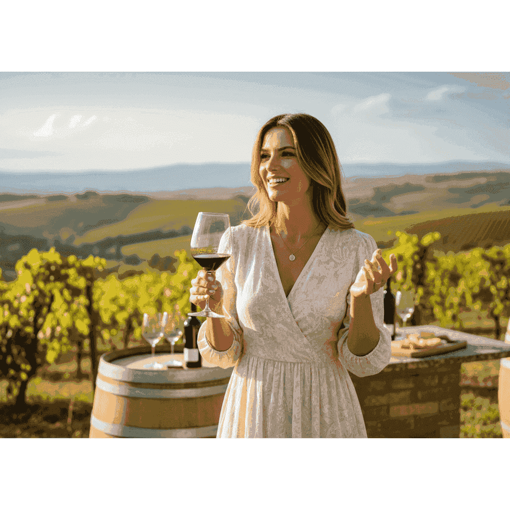 A woman smiling while holding a glass of wine during a tasting session at a sunlit vineyard in Tuscany.