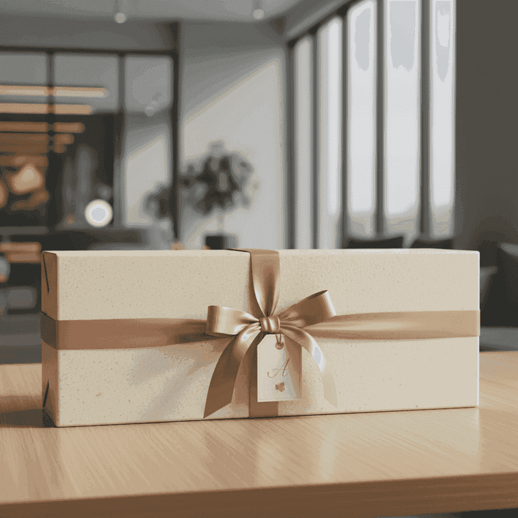 A perfectly wrapped wine bottle in an elegant gift box with a satin ribbon and a personalized gift tag.