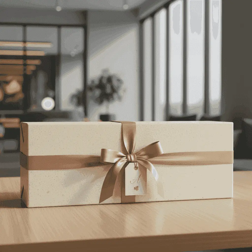 Eine perfekt verpackte Weinflasche in einer eleganten Geschenkbox mit einem Satinband und einem personalisierten Geschenkanhänger.