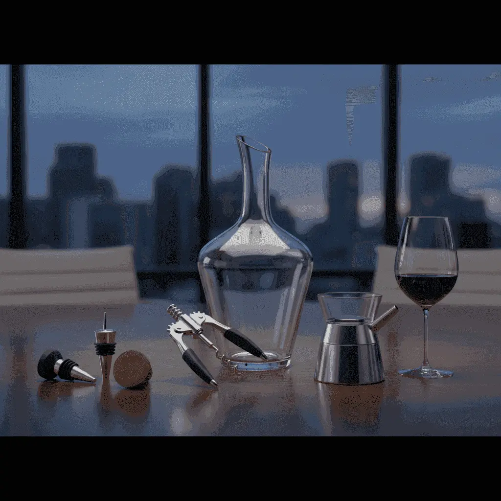 Ein raffiniertes Weinaccessoire-Set mit Dekanter, Korkenzieher, Flaschenverschlüssen und Belüfter, elegant angerichtet.