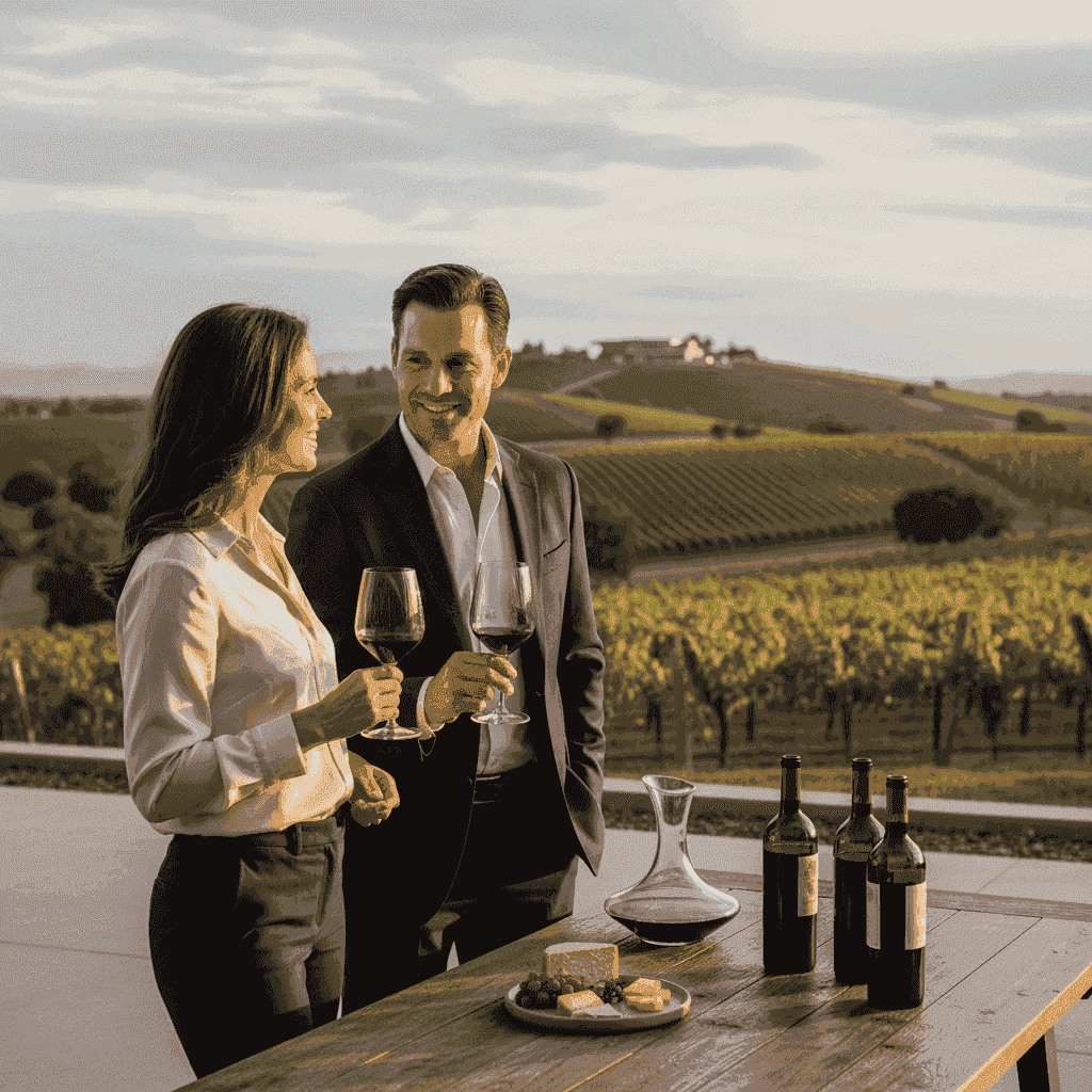 A man and woman enjoying a wine tasting experience at a vineyard, holding glasses of red wine against a scenic backdrop.