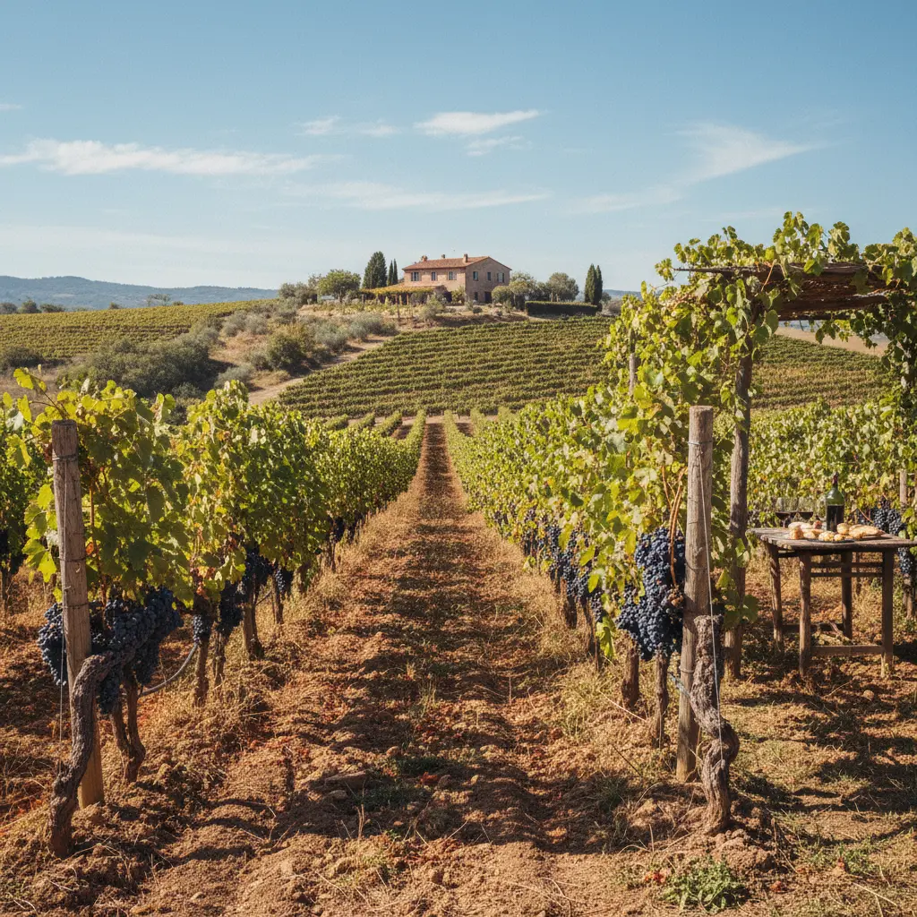 Rows of lush red grape vines under a sunny sky