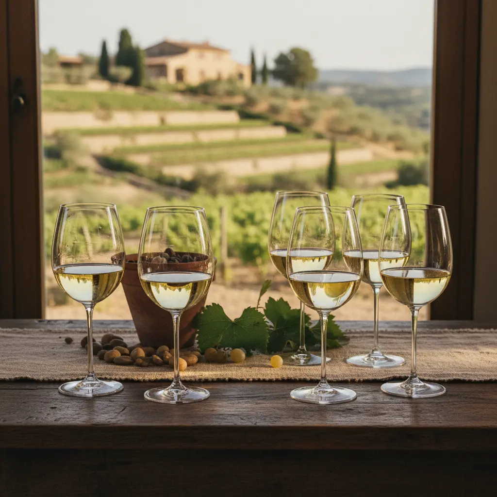 Variety of white wine glasses on a dark table