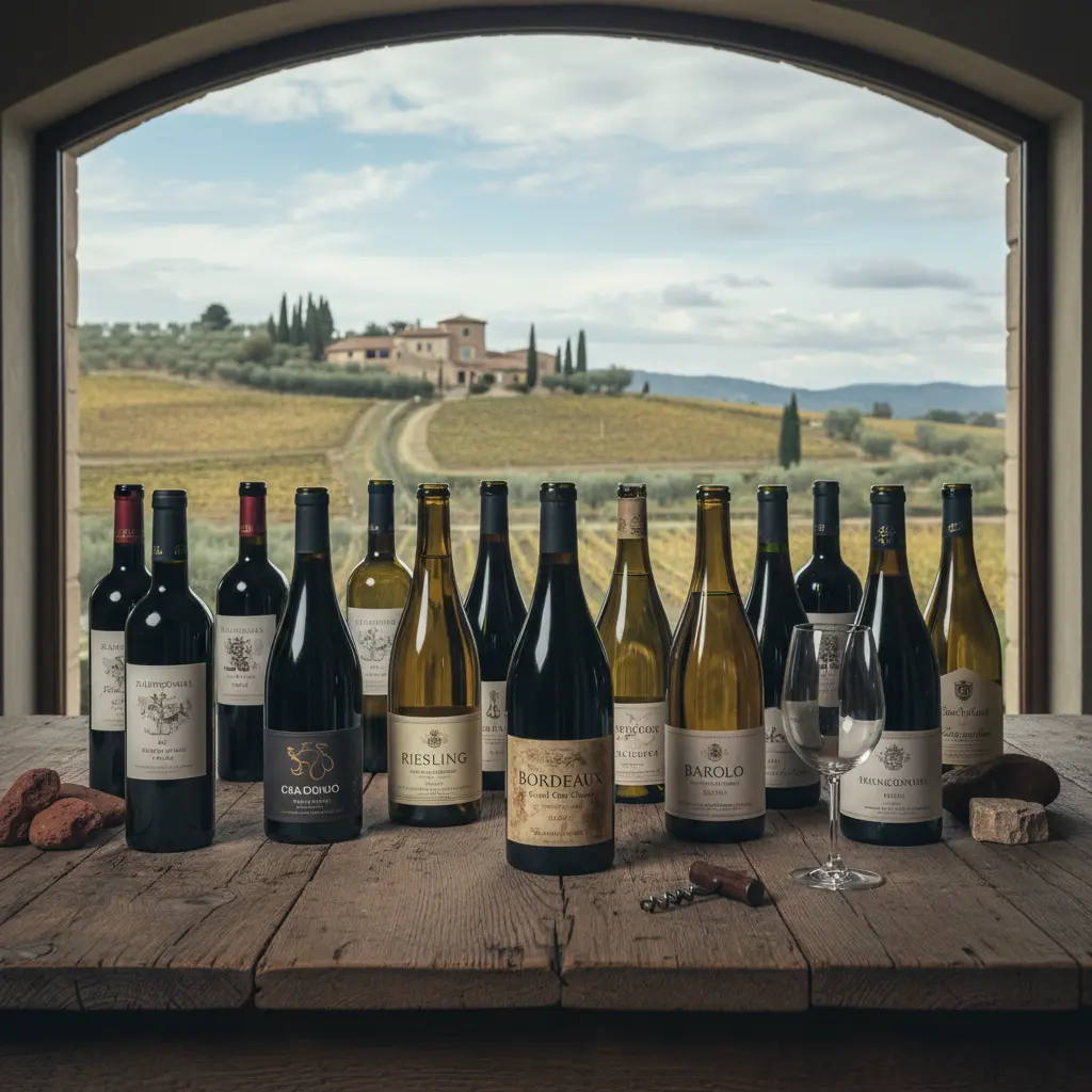 A collection of diverse wine bottles from various regions