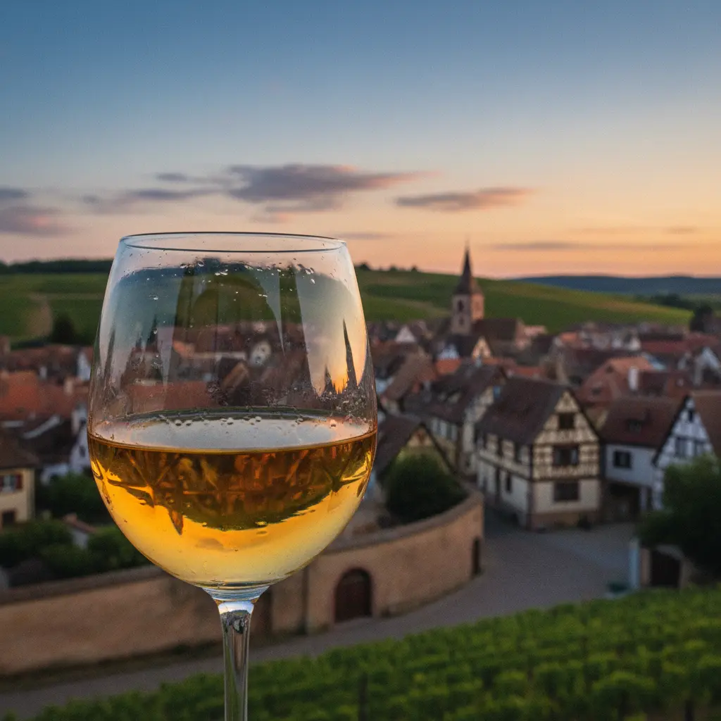 A glass of golden Gewürztraminer wine with a traditional Alsatian village in the background.