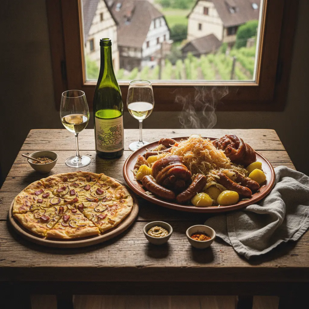 A spread of Alsatian food including Choucroute garnie and tarte flambée, with a bottle of Alsace wine.