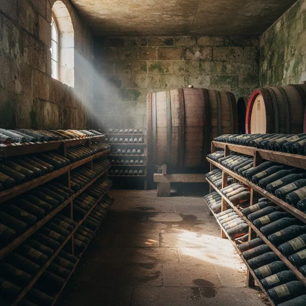 A wine cellar in Alsace with rows of aging wine bottles, showcasing traditional storage methods.