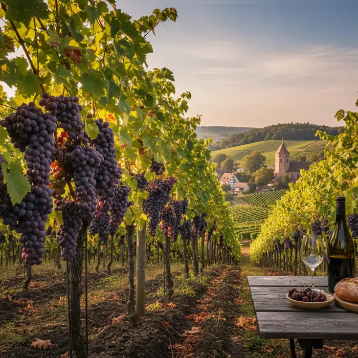 Ripe Spätburgunder grapes on the vine in a Baden vineyard