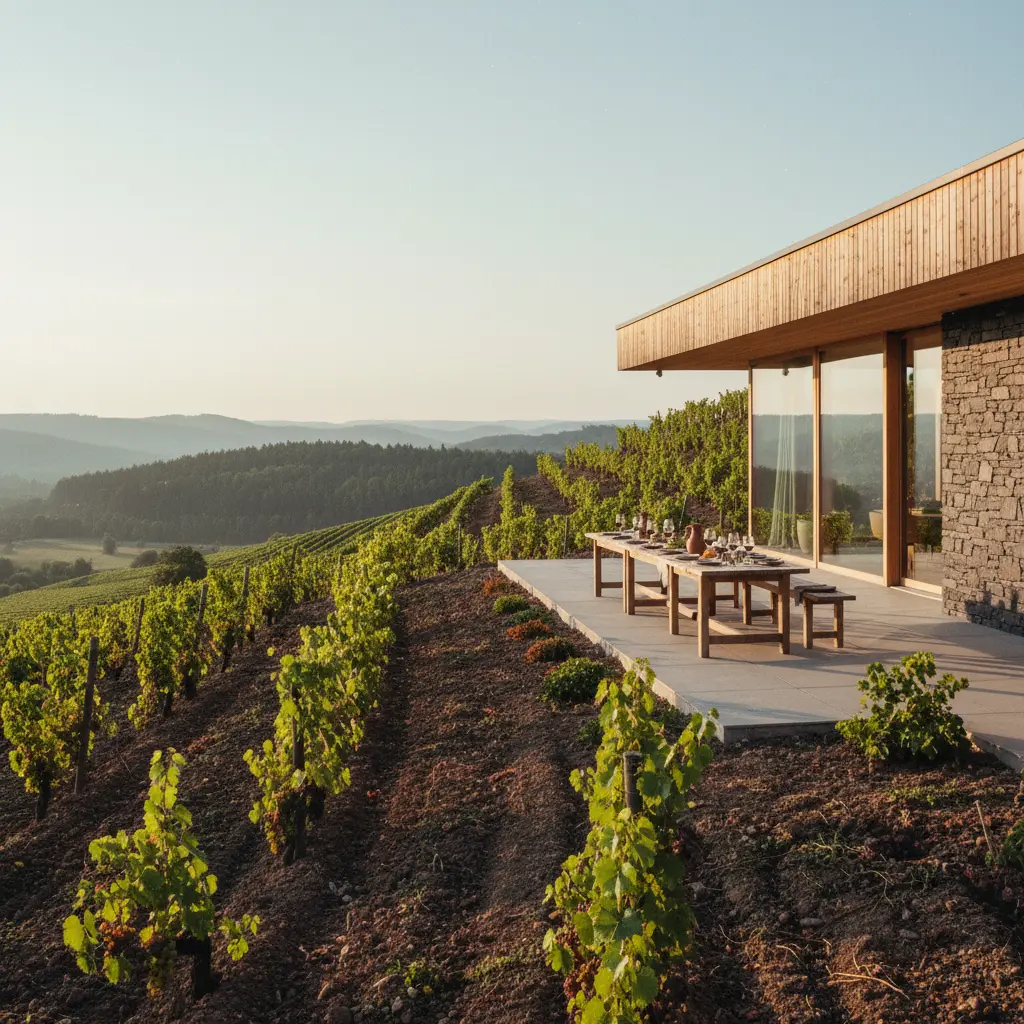 A modern winery building amidst Baden vineyards