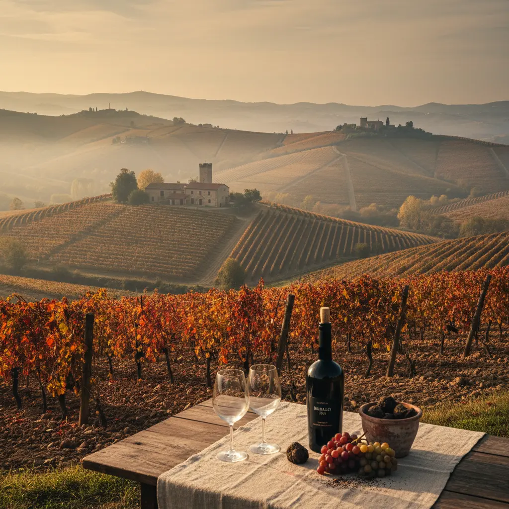 Viñedos y colinas ondulantes en la región vinícola de Barolo en Piamonte, Italia.