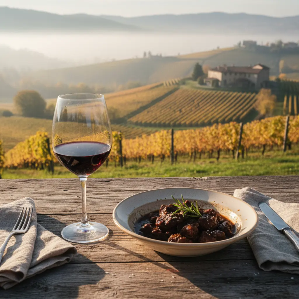 Una copa de vino Barolo junto a un plato de estofado de ternera tradicional piamontés.