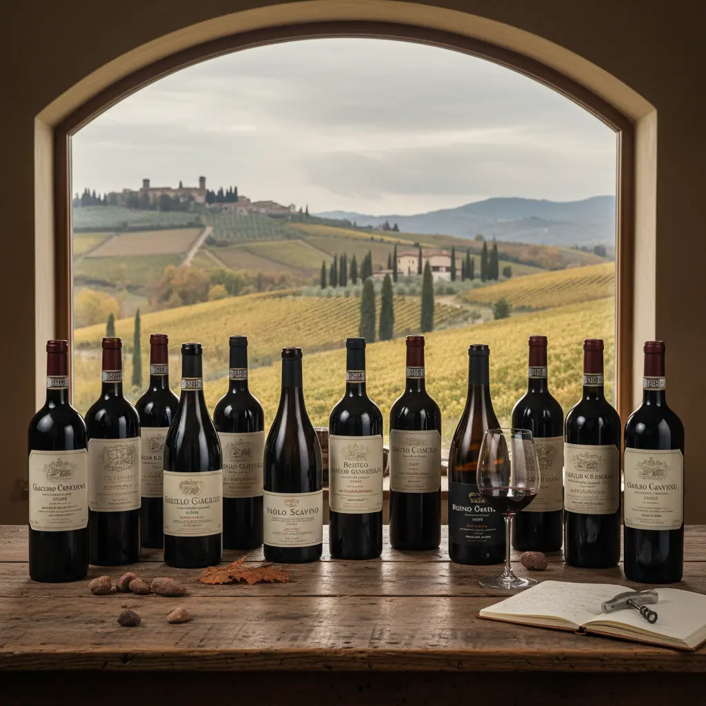 Una colección de botellas de vino Barolo de varios productores y añadas.