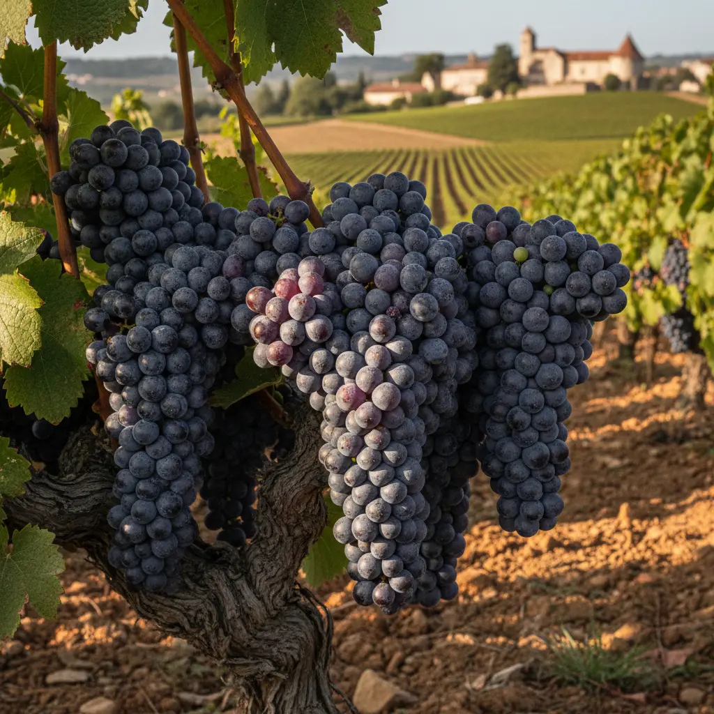 Close-up of ripe Cabernet Sauvignon grapes in a Bordeaux vineyard.