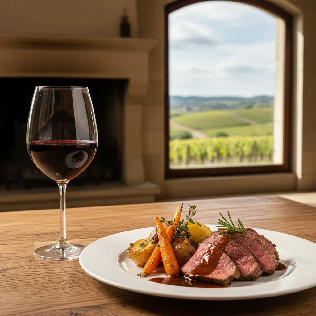 A glass of red Bordeaux wine next to a plate of roast beef and vegetables.