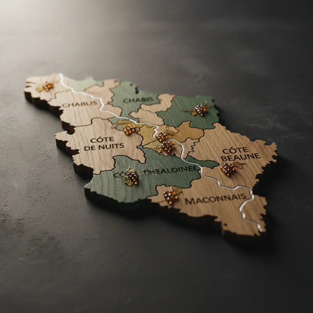 Map of Bourgogne wine regions, showing Chablis, Cote de Nuits, Cote de Beaune, Cote Chalonnaise, and Maconnais
