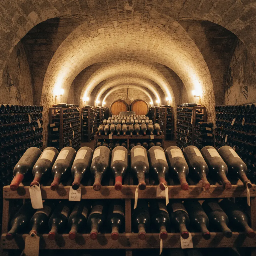 Rows of wine bottles in a dimly lit wine cellar, indicating aging potential
