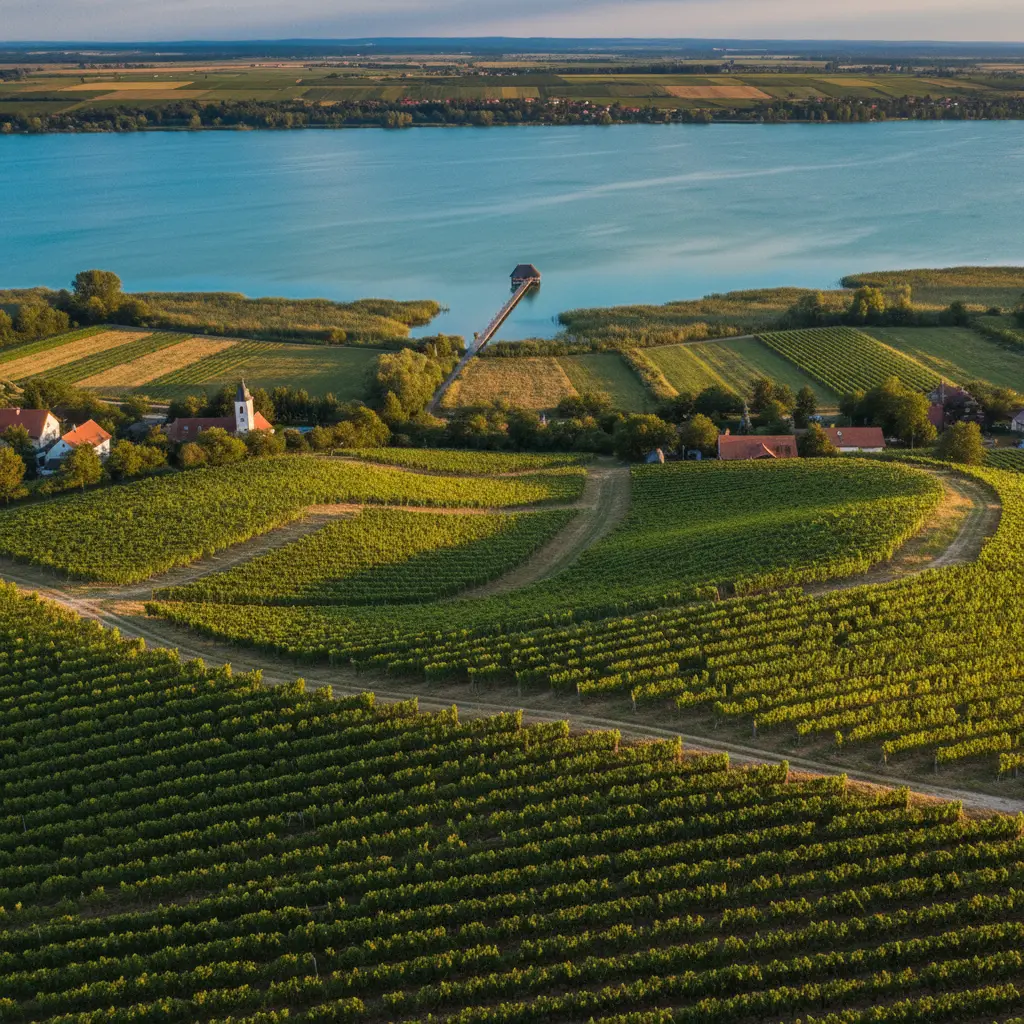 Aerial view of vineyards stretching across the Burgenland landscape near Lake Neusiedl.
