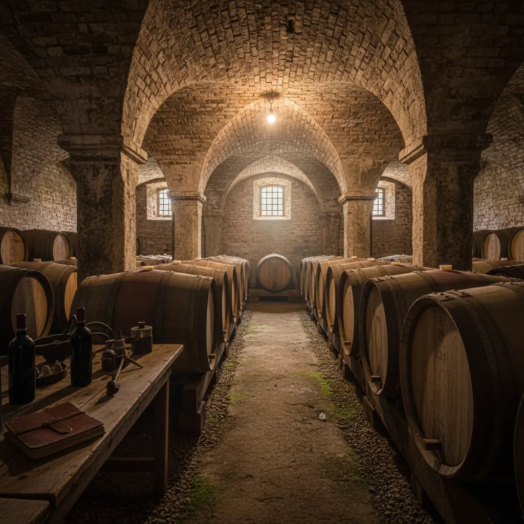 Inside a historic wine cellar in Burgenland, showing rows of oak barrels.