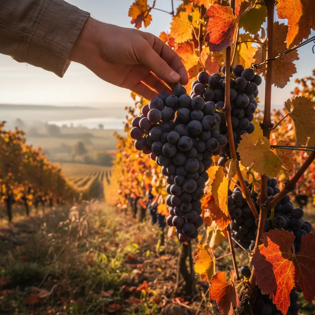 A hand harvesting ripe red grapes in a Burgenland vineyard during autumn.