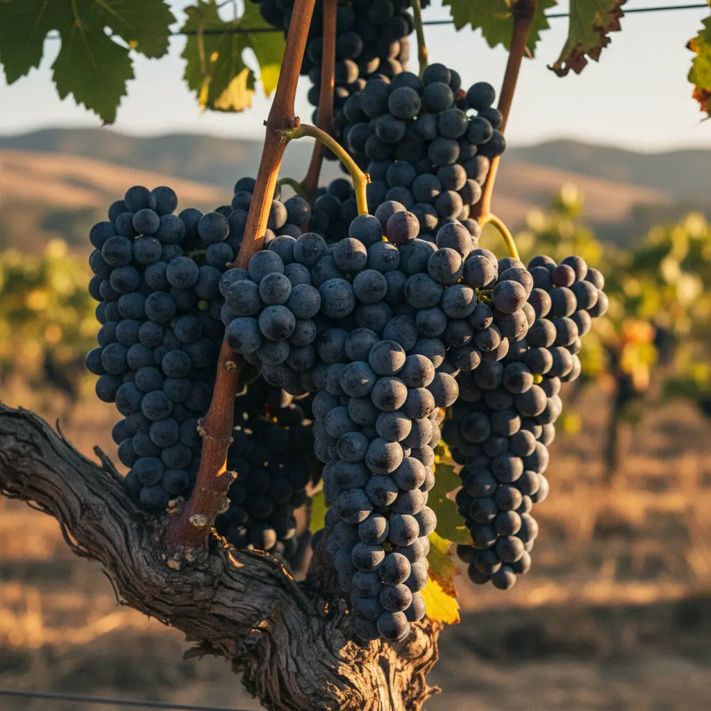 Close-up of ripe Cabernet Sauvignon grapes on the vine