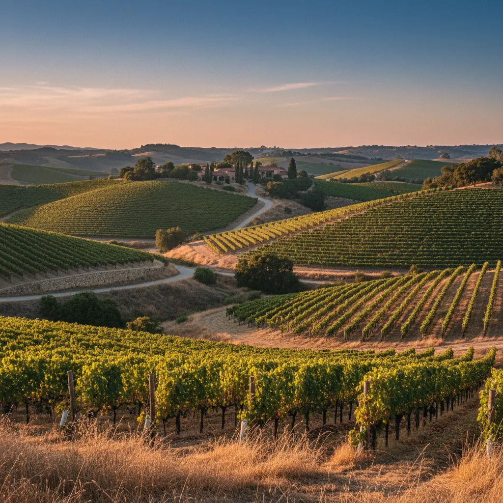 Rolling vineyards under a clear sky in California wine country