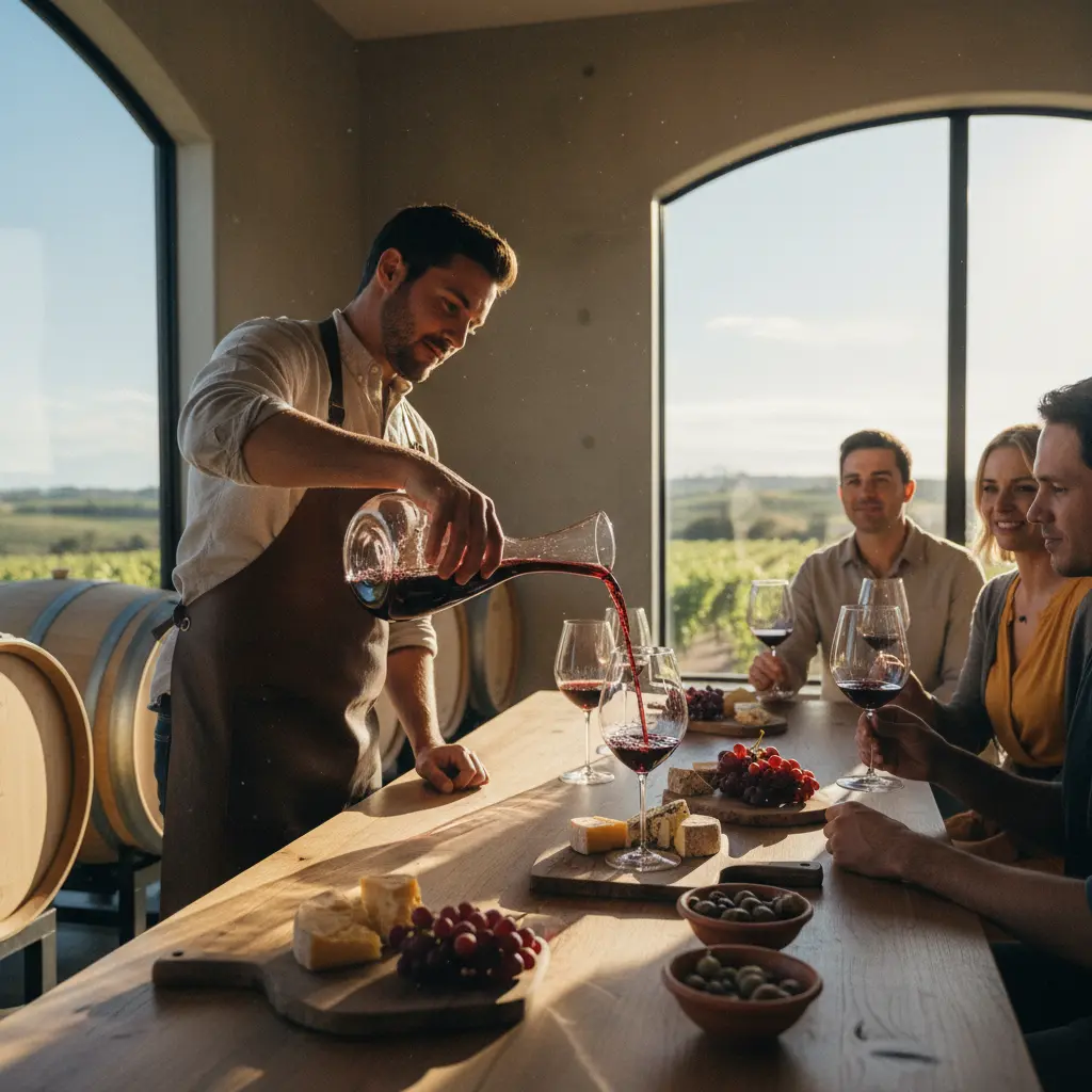 A sommelier pouring red wine into glasses for a tasting in a California winery