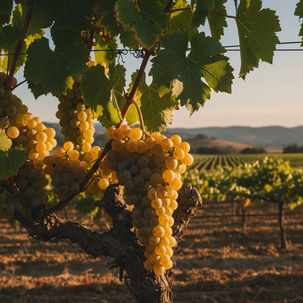 Close-up of ripe Chardonnay grapes on the vine in a Central Coast vineyard.
