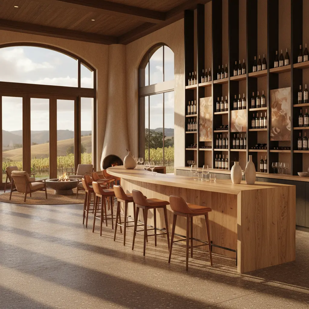 Interior of a modern, inviting wine tasting room in California's Central Coast.