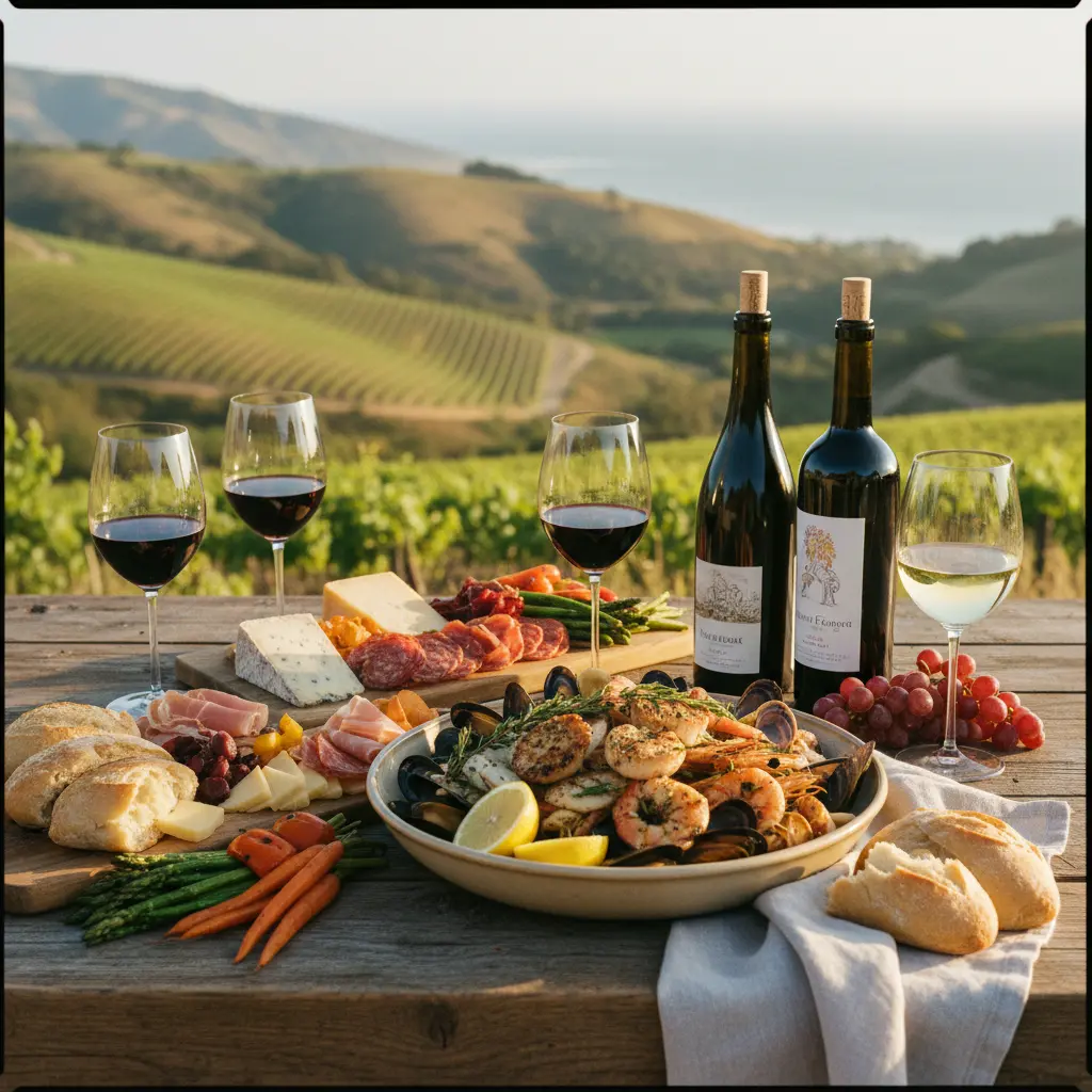 A table spread with local Central Coast dishes and glasses of wine.