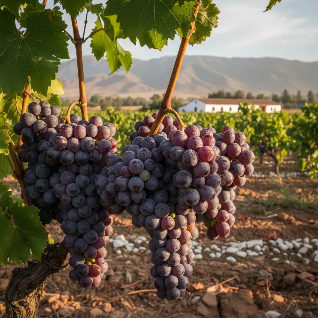 Close-up of ripening Carmenere grapes on the vine in Chile's Central Valley