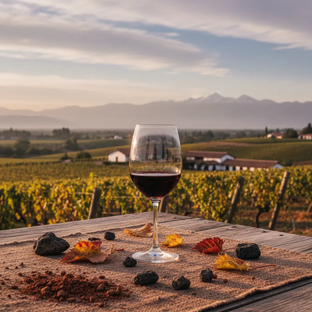 A glass of Chilean red wine with vineyards in the background, showcasing the Central Valley's output