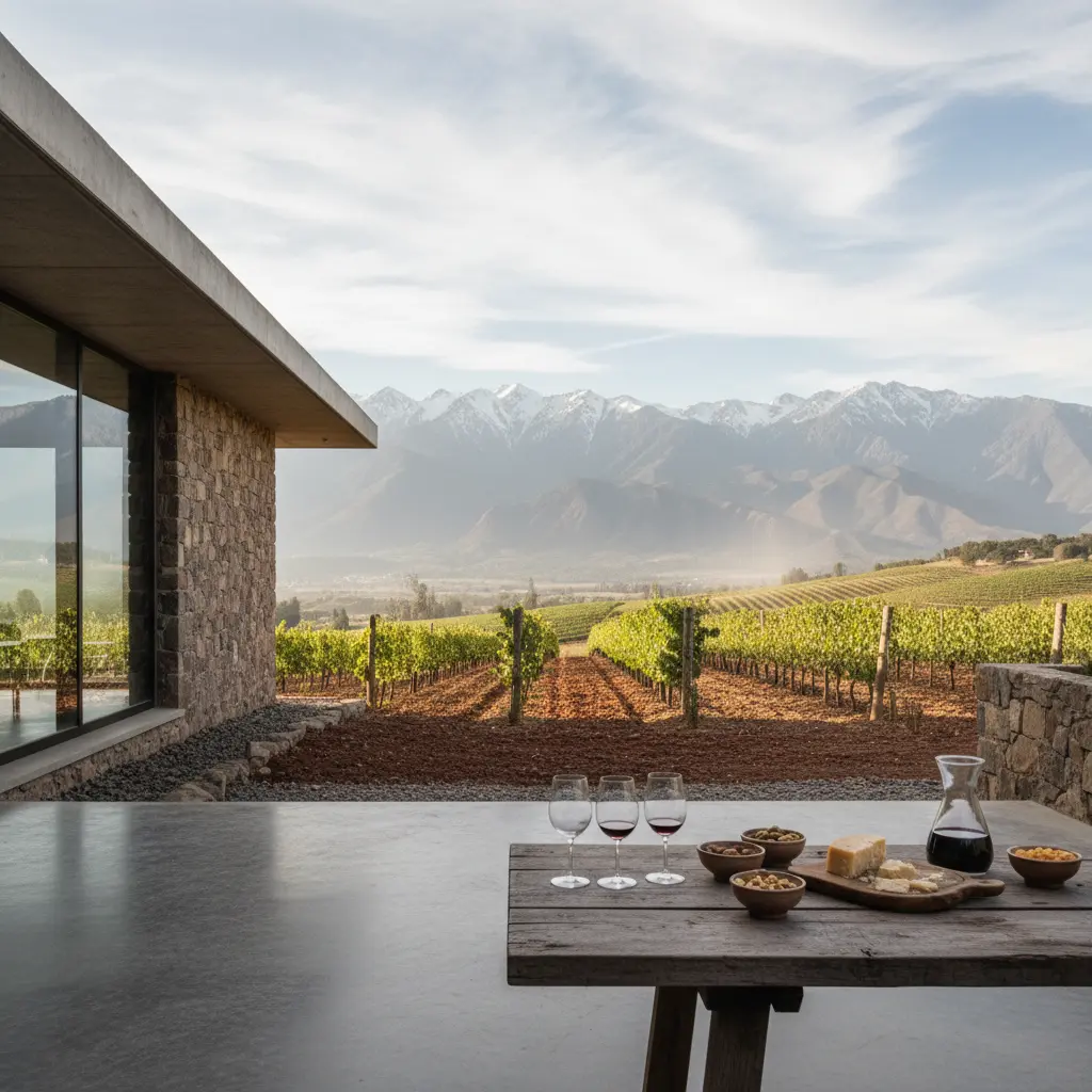 A modern winery in Chile's Central Valley with a scenic backdrop of vineyards and mountains