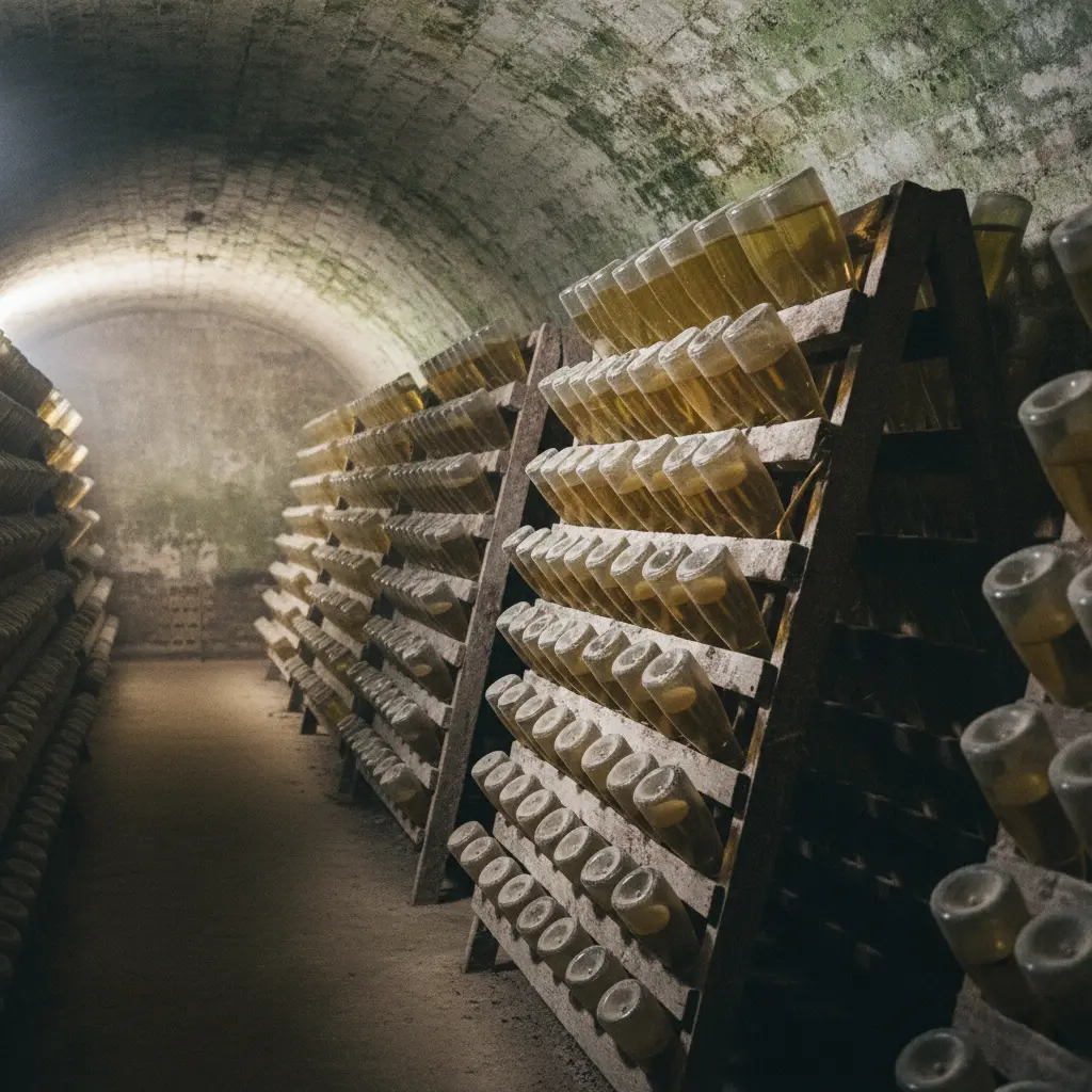 Traditional riddling racks in a Champagne cellar