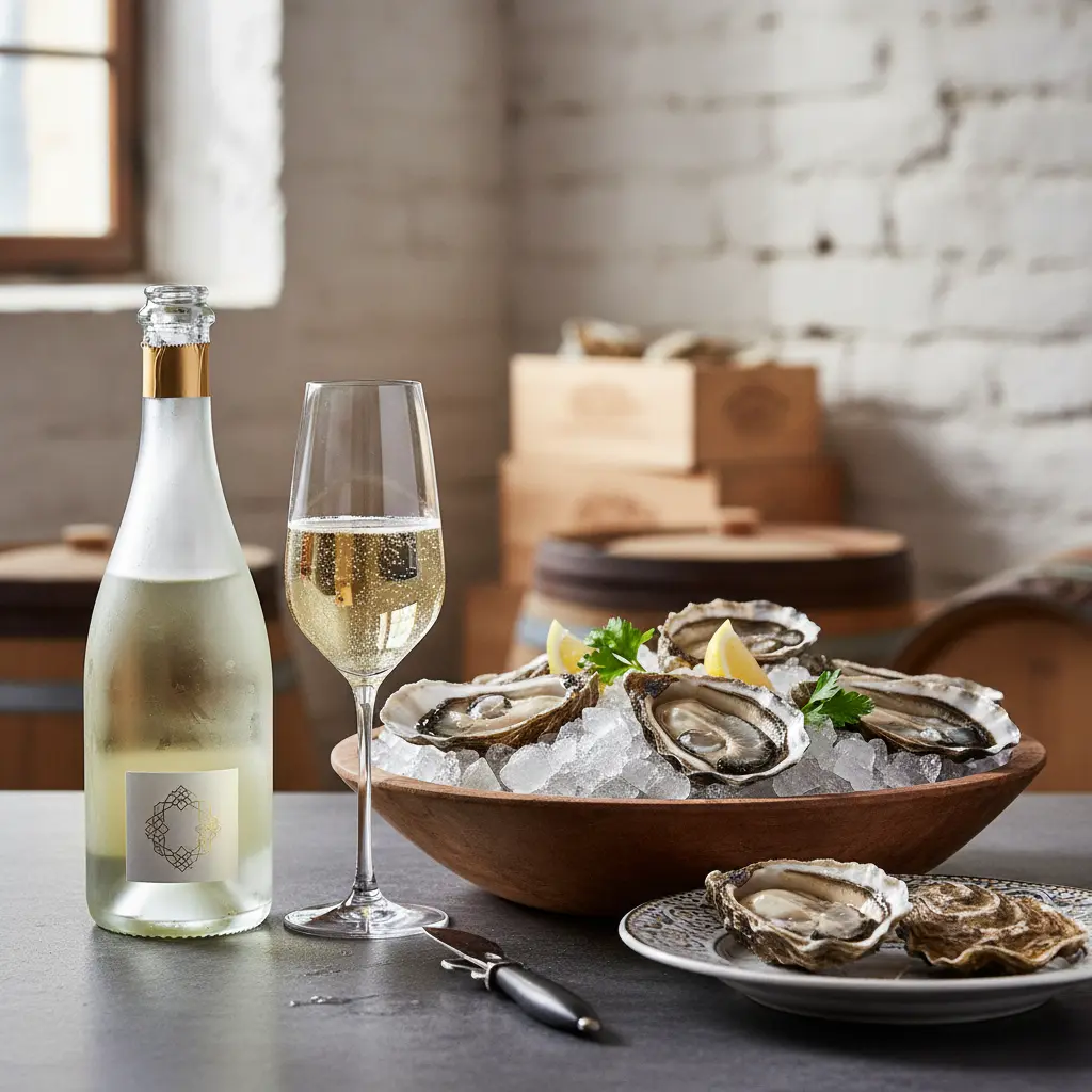 Brut Champagne paired with fresh oysters on a bed of ice