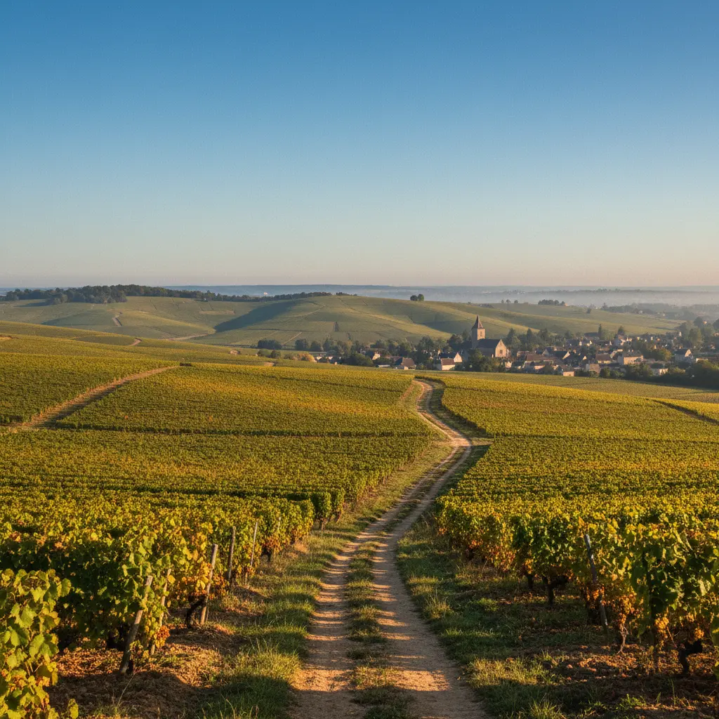 Rolling vineyards under a clear sky in the Champagne region of France