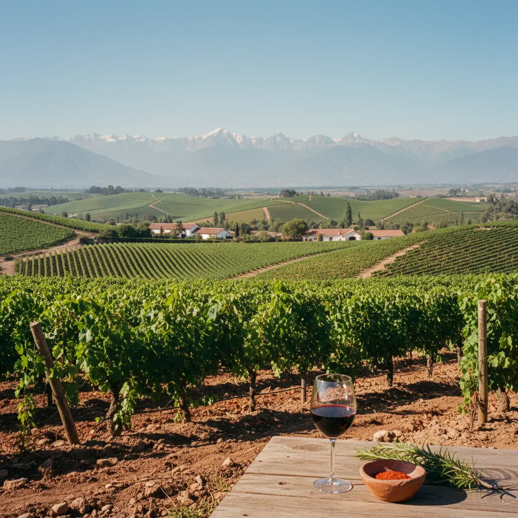 A panoramic view of verdant vineyards in Colchagua Valley under a clear sky