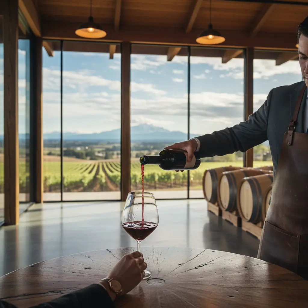 A sommelier pouring Columbia Valley wine for tasting in a modern winery