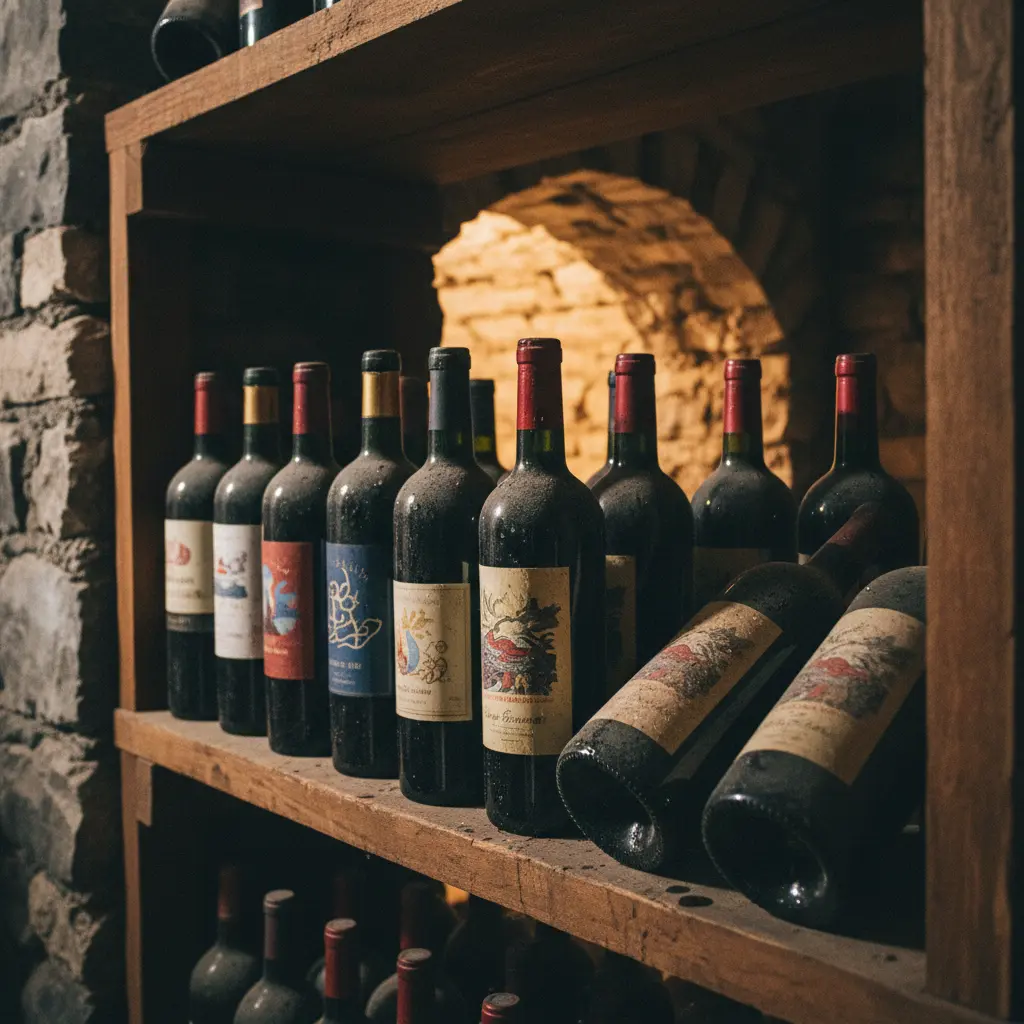 A collection of aged Columbia Valley red wine bottles in a dimly lit cellar