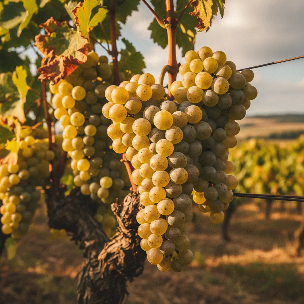 Close-up of ripe Chardonnay grapes on the vine in Côte de Beaune