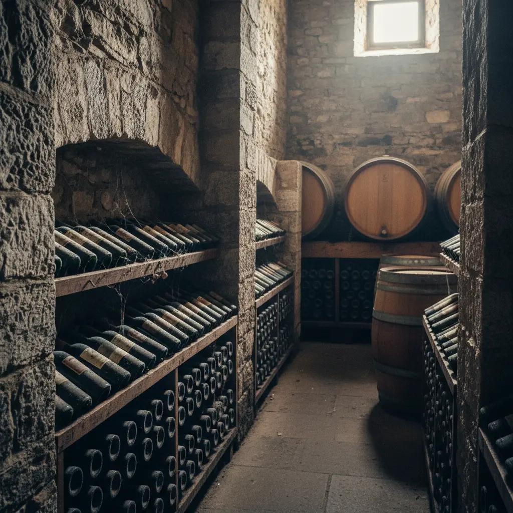 Rows of aging wine bottles in a traditional stone cellar in Beaune, Burgundy