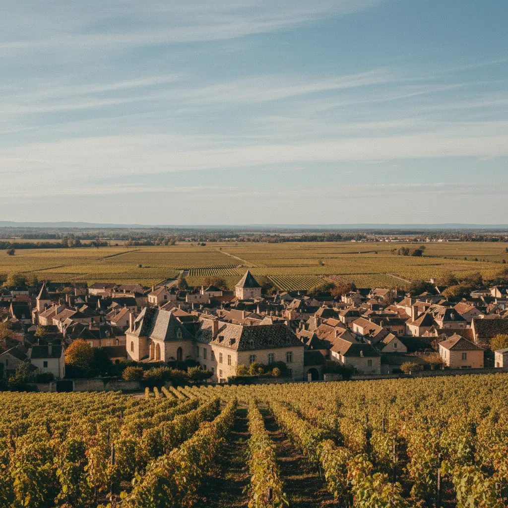 View of the historic town of Beaune with vineyards in the background under a sunny sky