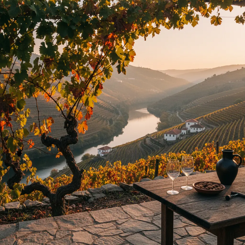 Expansive terraced vineyards in Douro Valley during sunset