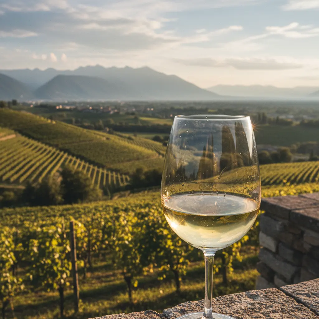 A glass of pale gold Friulano wine against a vineyard backdrop.