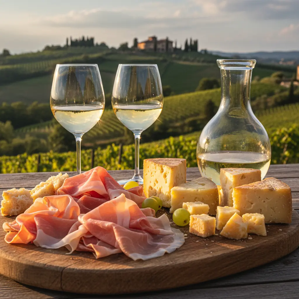 A platter of San Daniele prosciutto, Montasio cheese, and glasses of white wine.