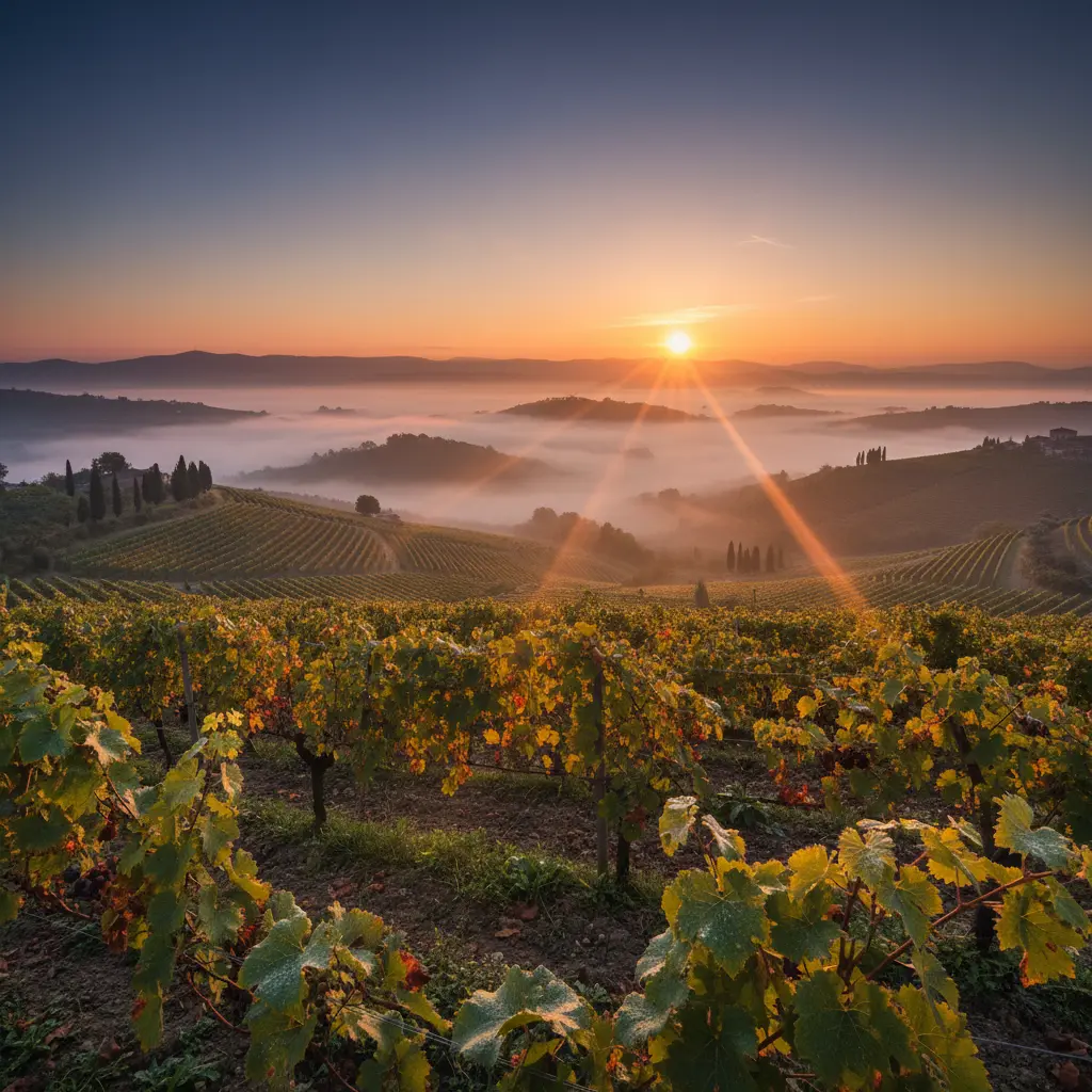 Sunrise over a vineyard in Friuli-Venezia Giulia with mist in the valleys.