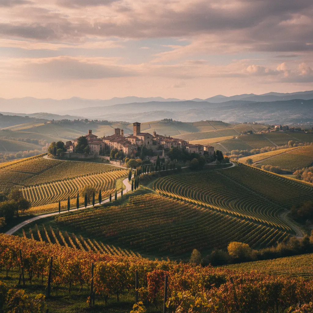 Barolo village and surrounding Nebbiolo vineyards in Langhe, Piedmont