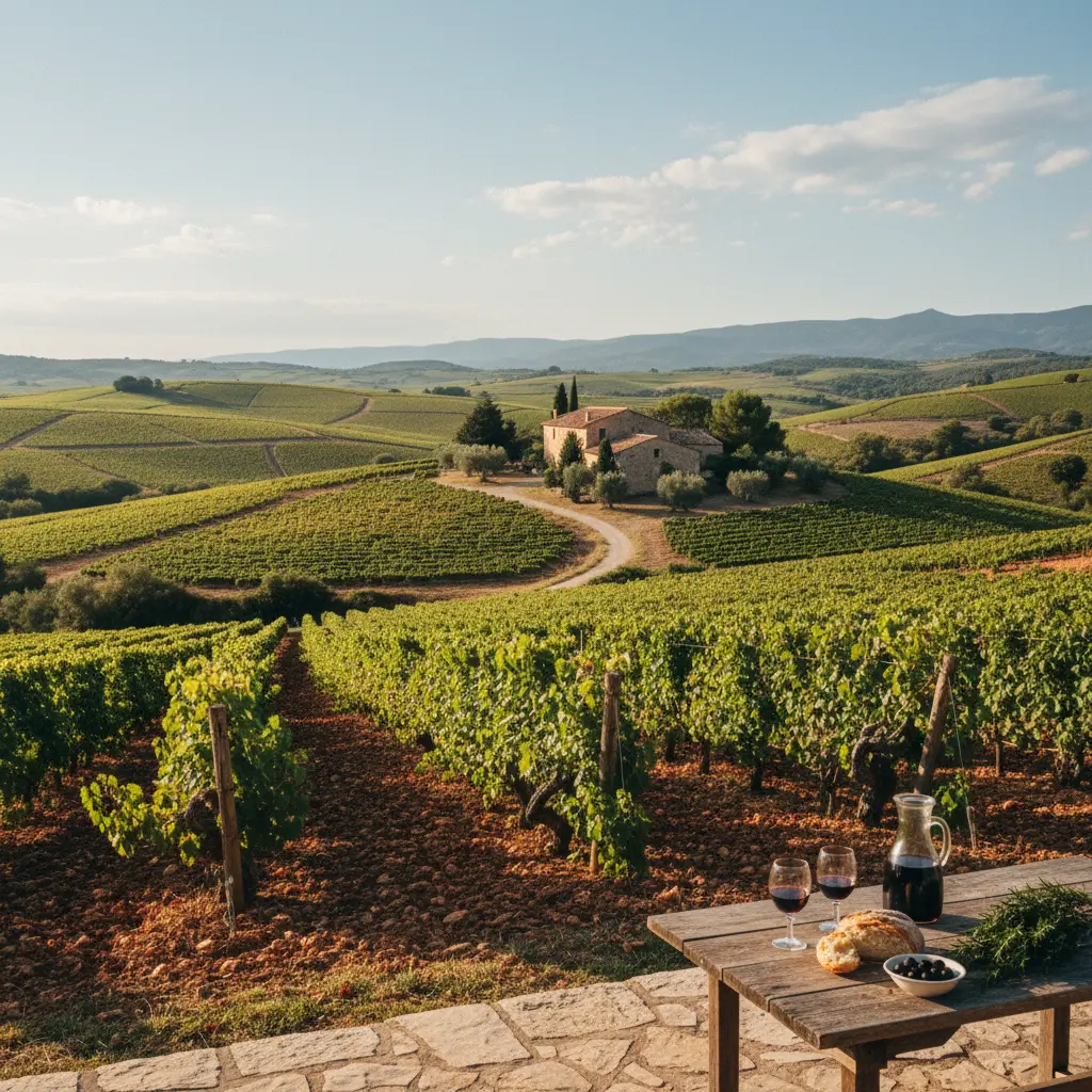 Rolling vineyards under a sunny sky in Languedoc, France