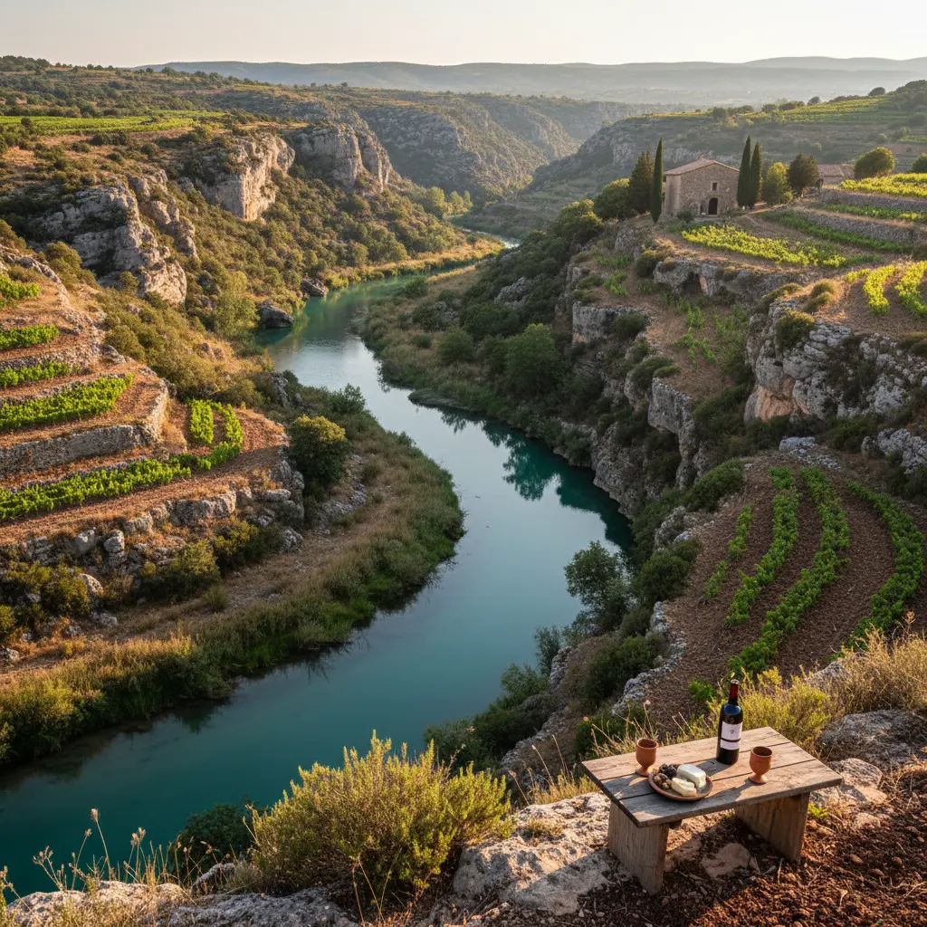 A winding river through a gorge in Languedoc, showcasing varied terrain